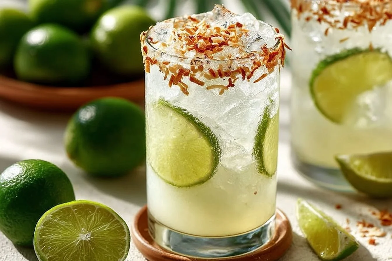 Coconut Lime Refresher drink with lime slices and coconut garnishes