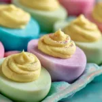 Colorful deviled eggs decorated for Easter celebration.