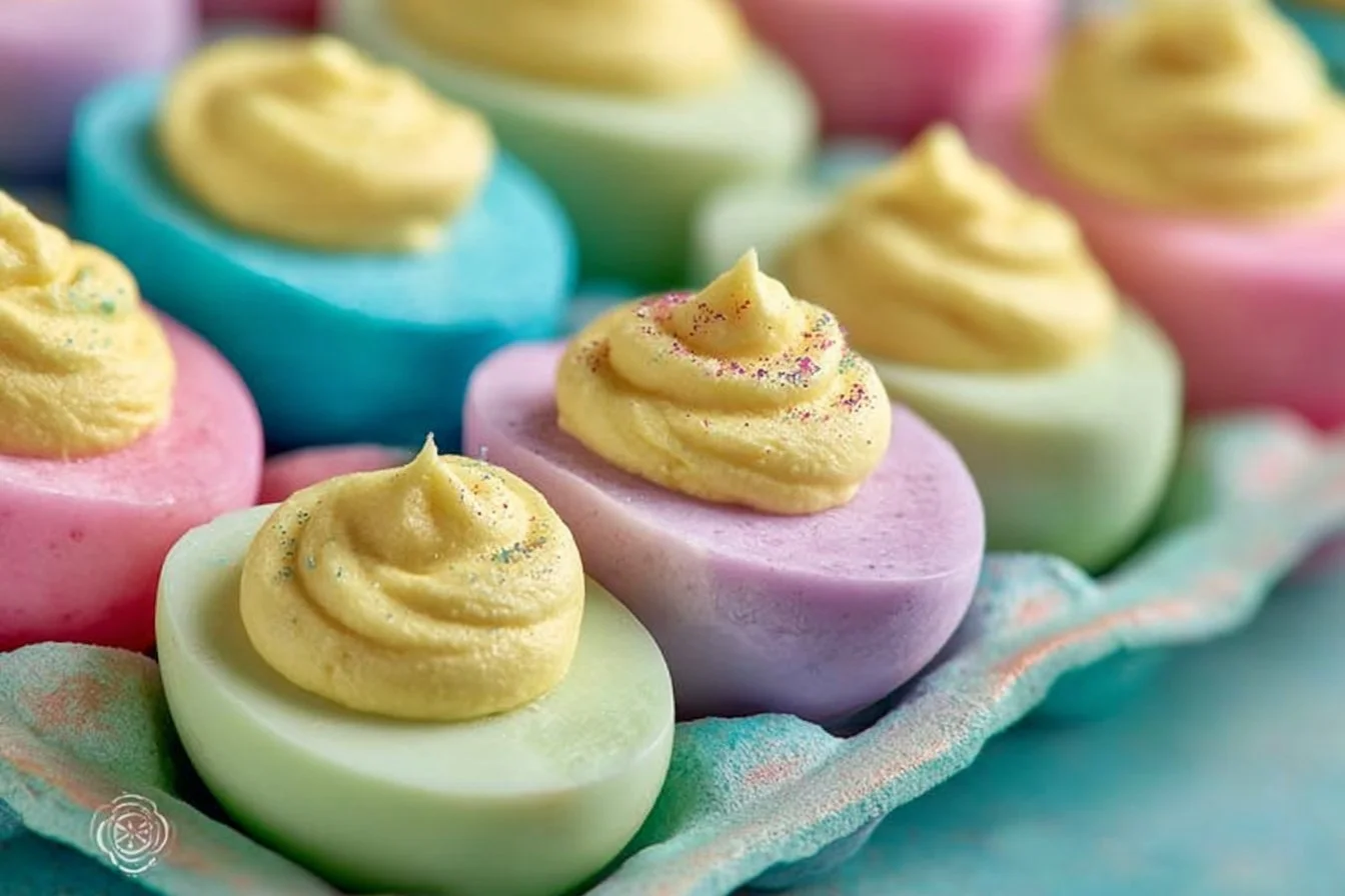 Colorful deviled eggs decorated for Easter celebration.