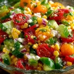 Fresh corn salad with colorful vegetables in a bowl