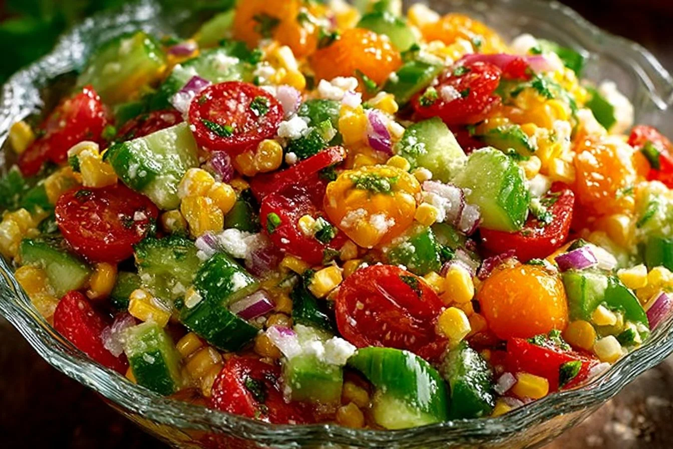 Fresh corn salad with colorful vegetables in a bowl