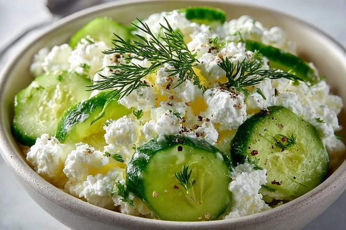 Cottage Cheese and Cucumber Salad in a bowl with fresh ingredients