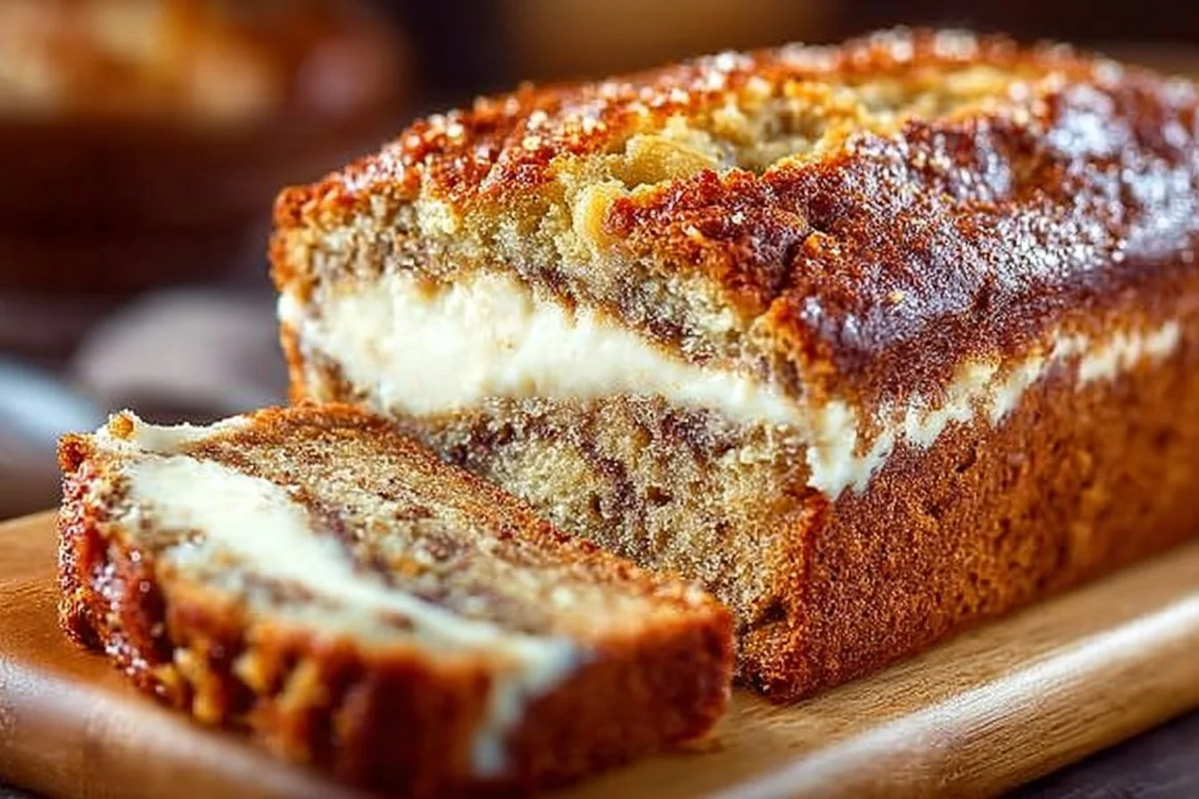 Cream cheese-filled banana bread loaf freshly baked and sliced