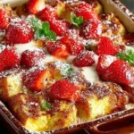 Cream Cheese Strawberry French Toast Casserole with strawberries and cream cheese