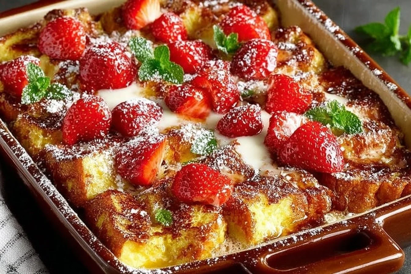 Cream Cheese Strawberry French Toast Casserole with strawberries and cream cheese