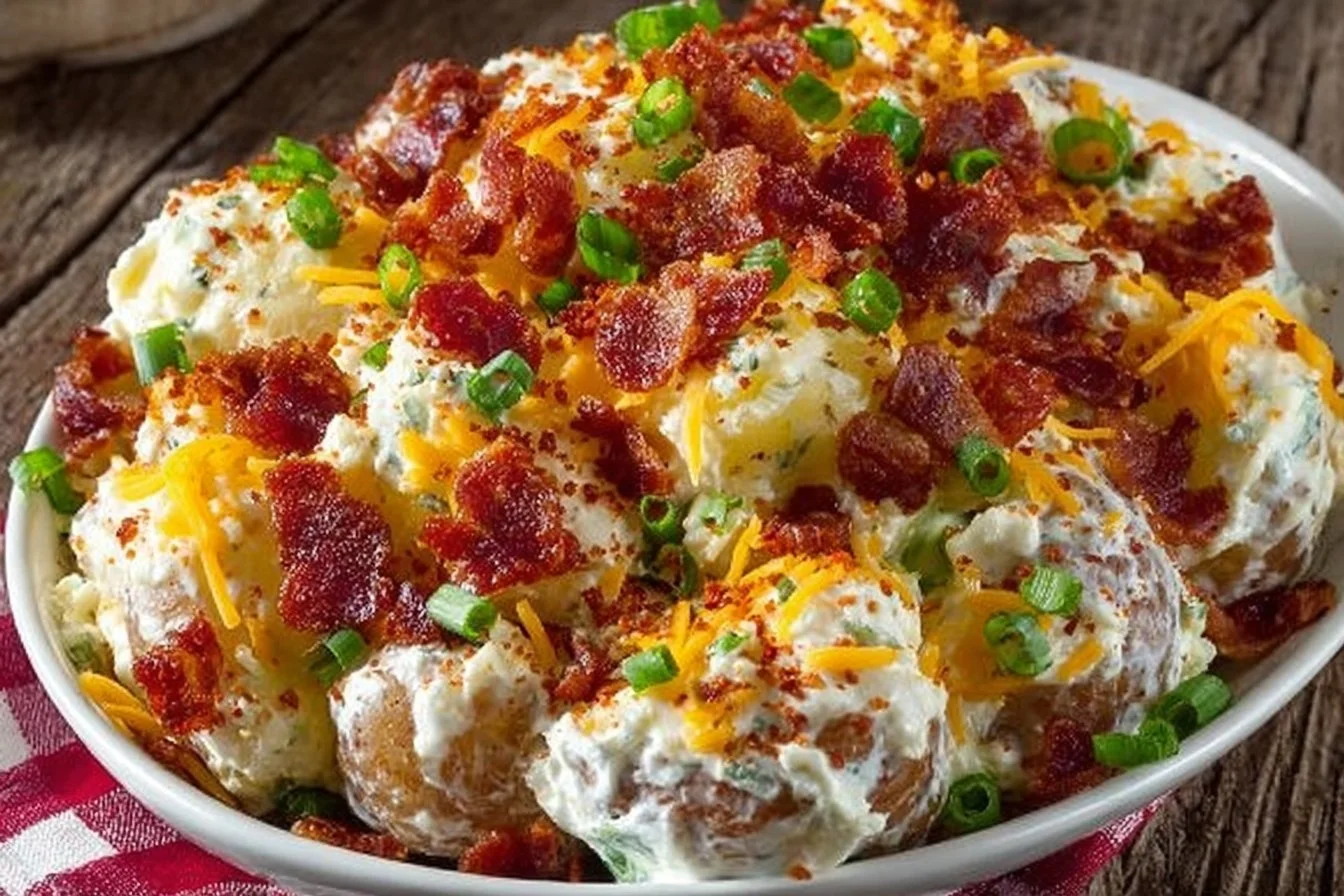 Creamy bacon ranch potato salad served in a bowl with fresh herbs