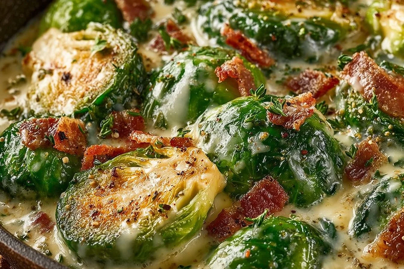 Creamy Brussels sprouts with bacon in a serving dish