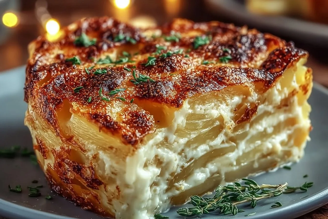 Delicious creamy cheese and potato pie served on a plate