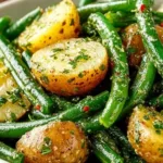 Creamy green bean potato salad with fresh ingredients and vibrant colors.