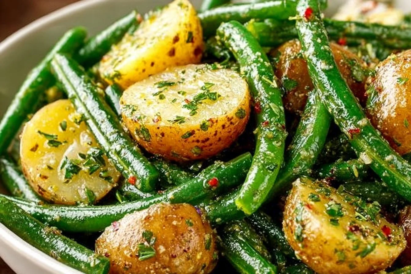 Creamy green bean potato salad with fresh ingredients and vibrant colors.