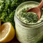 Creamy Green Goddess Dressing served in a bowl with fresh herbs.