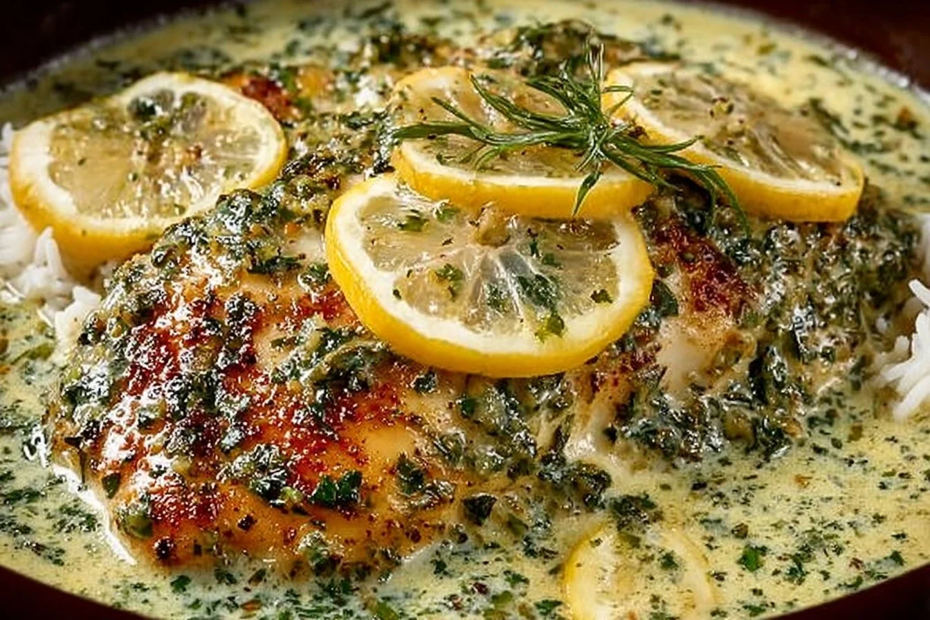 Creamy lemon garlic herb tilapia served with fresh herbs and lemon slices