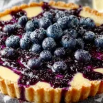 Creamy lemon tart with blueberry sauce on a white plate