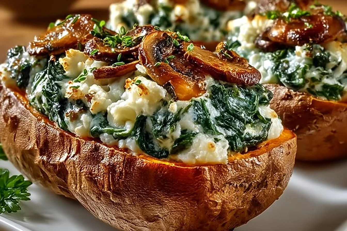 Creamy mushroom spinach stuffed sweet potatoes on a plate.