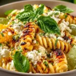 Creamy street corn pasta salad in a bowl garnished with herbs