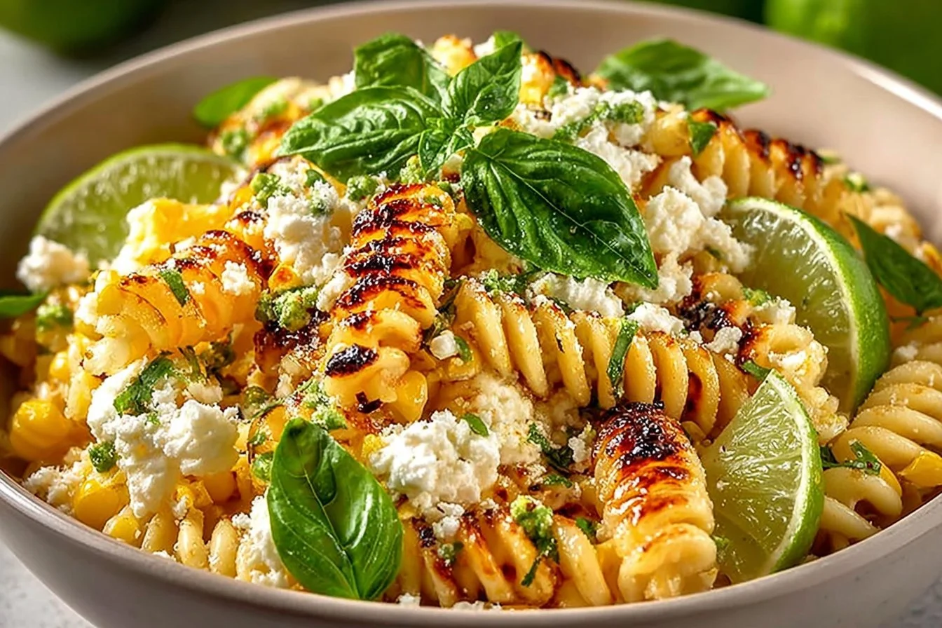 Creamy street corn pasta salad in a bowl garnished with herbs
