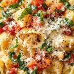 A delicious bowl of creamy tomato basil pasta topped with fresh basil leaves.