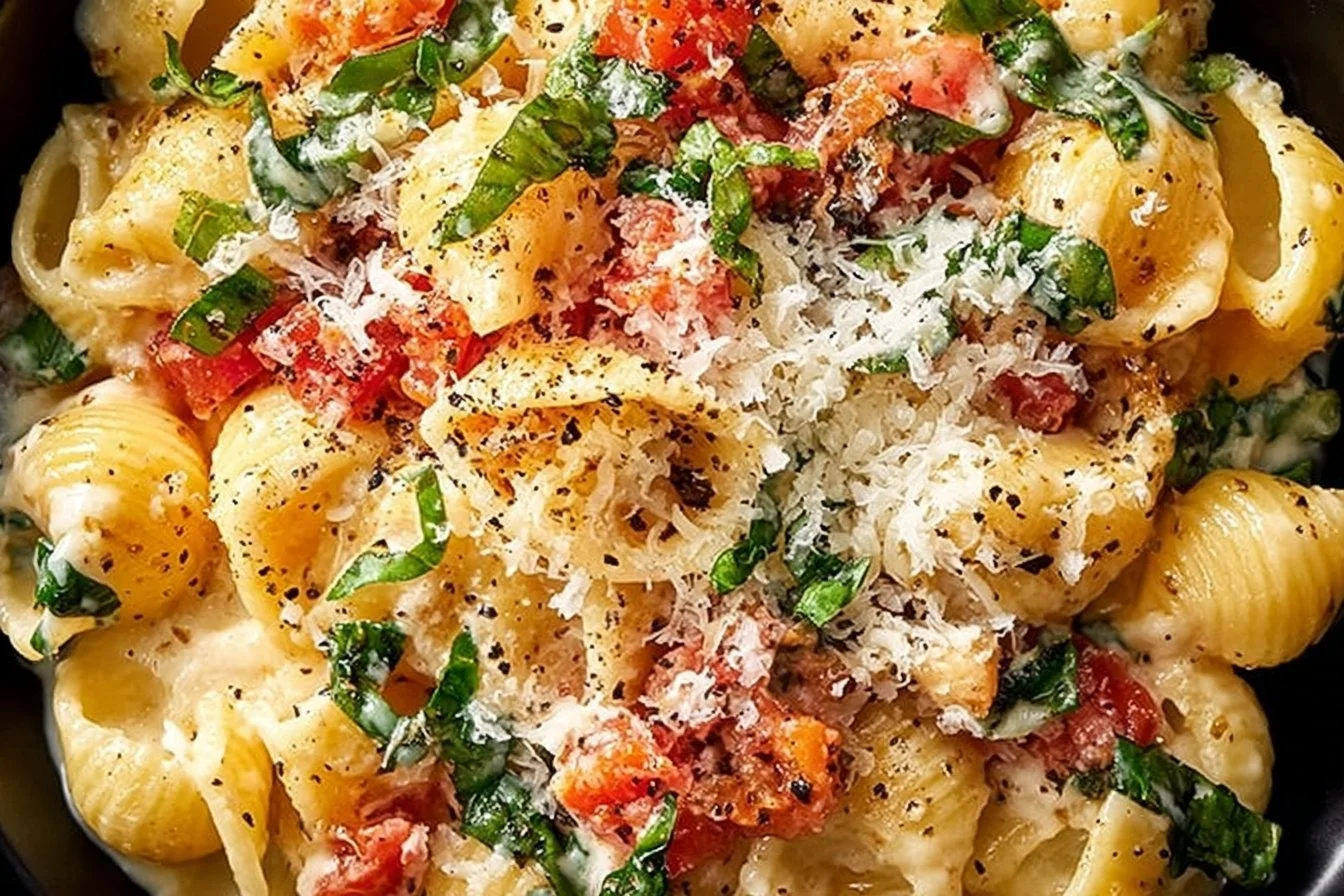 A delicious bowl of creamy tomato basil pasta topped with fresh basil leaves.