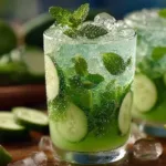 Cucumber Mint Cooler drink served in a glass with mint leaves and cucumber slices