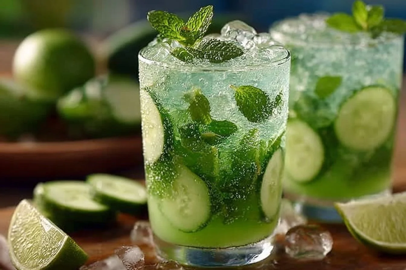 Cucumber Mint Cooler drink served in a glass with mint leaves and cucumber slices