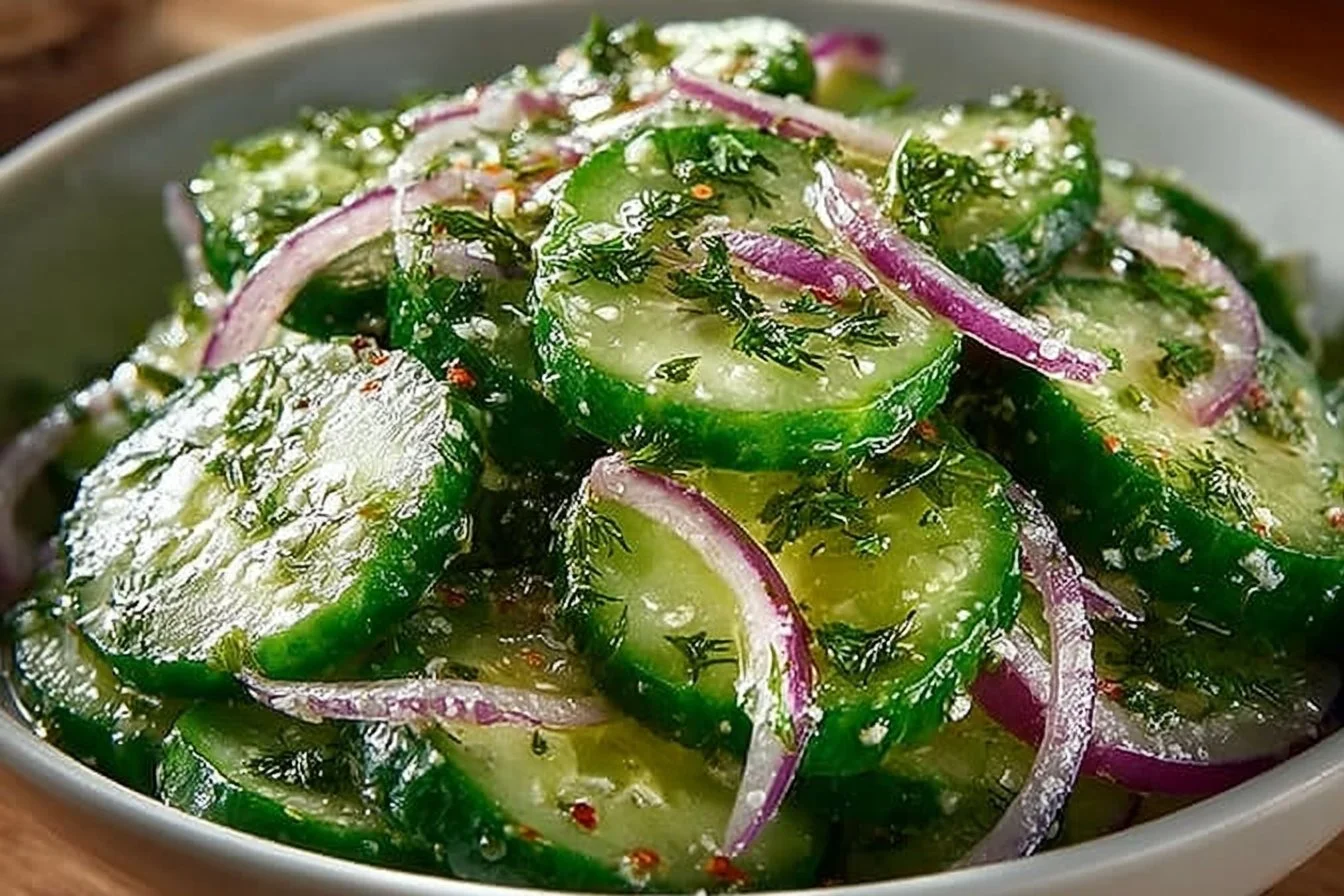 Fresh cucumber salad with tomatoes and herbs in a bowl