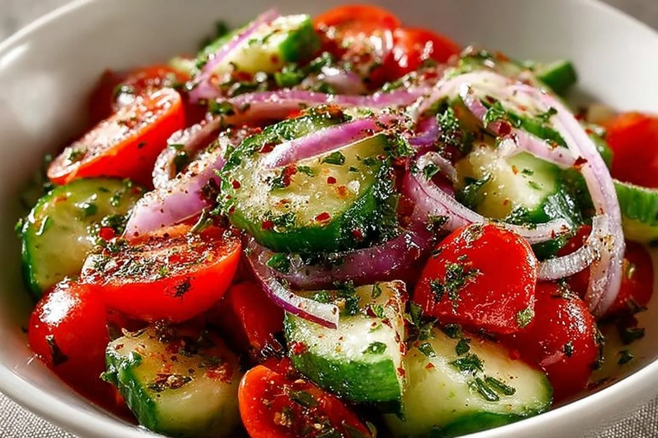 Fresh cucumber tomato salad with vibrant vegetables on a plate