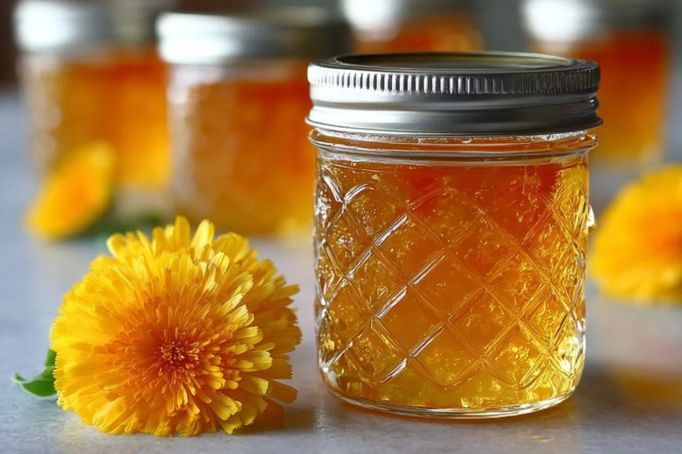 A jar of homemade dandelion jelly with flowers beside it.