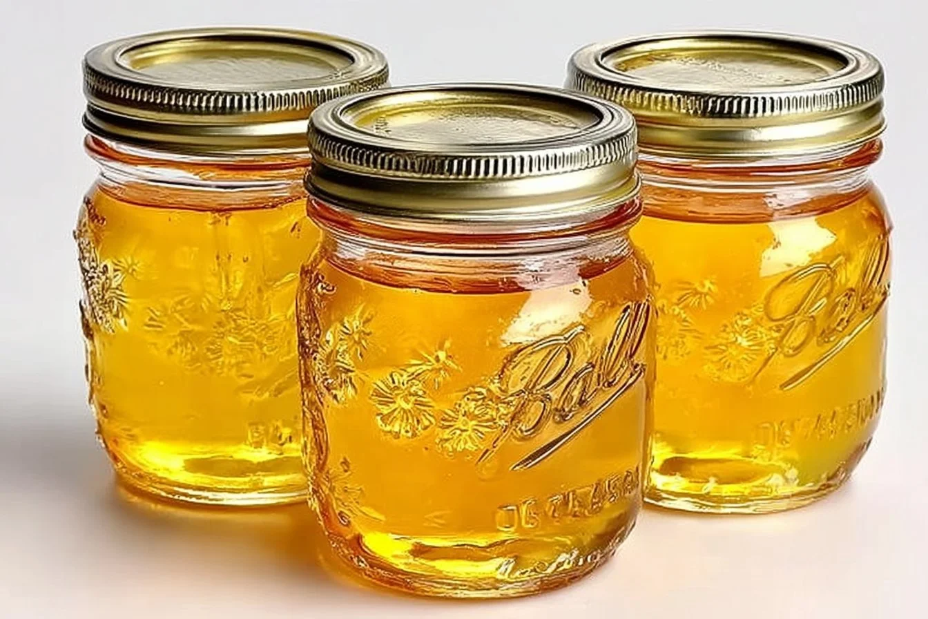 Jar of homemade dandelion jelly on a wooden table
