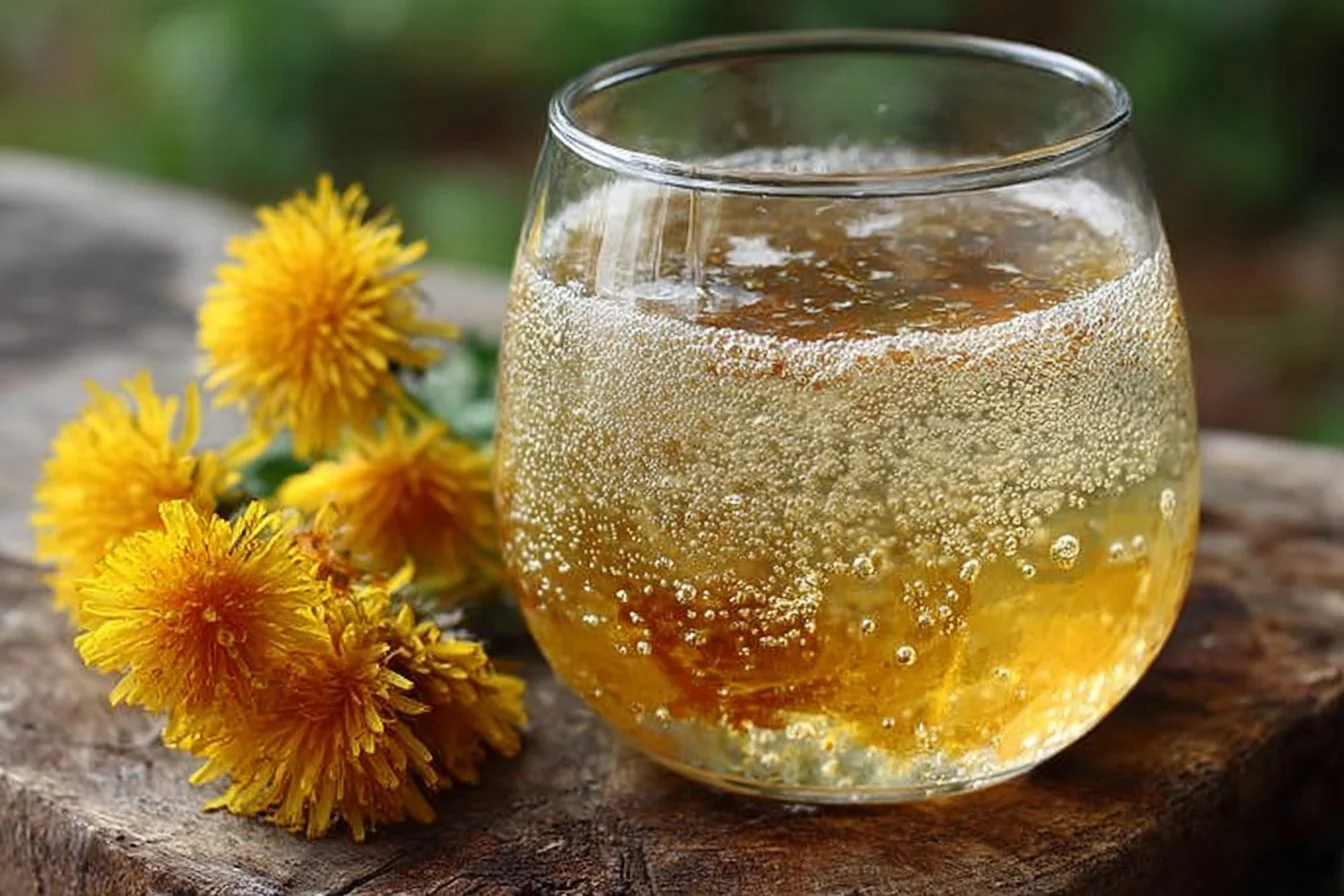 Homemade dandelion soda in a glass with fresh dandelion flowers.