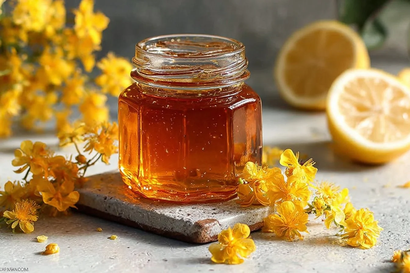 Homemade dandelion syrup in a glass jar with flowers
