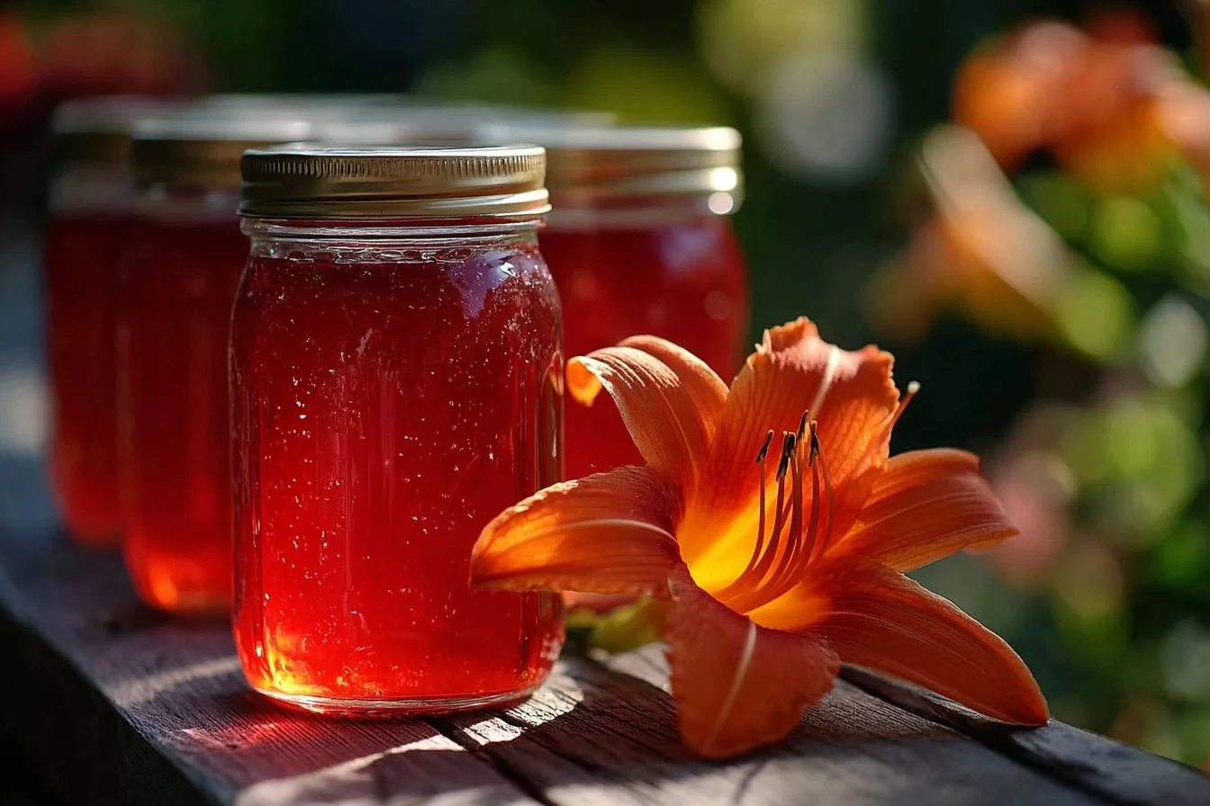 Homemade Daylily Jelly in a jar, made from fresh daylilies.