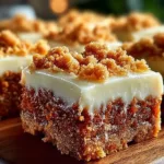 Decadent carrot cake bars with cream cheese frosting on a wooden board