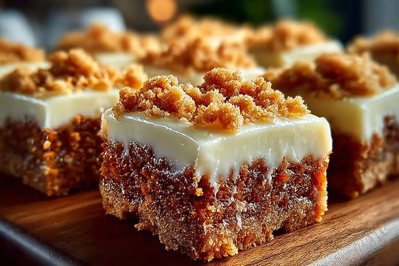 Decadent carrot cake bars with cream cheese frosting on a wooden board