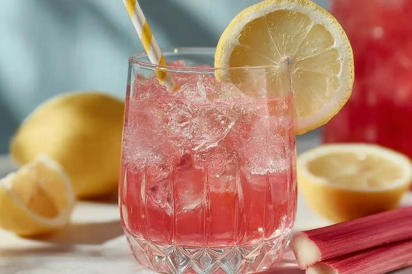 Refreshing homemade rhubarb lemonade in a glass with lemon slices