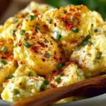Delicious deviled egg potato salad served in a bowl, garnished with herbs.