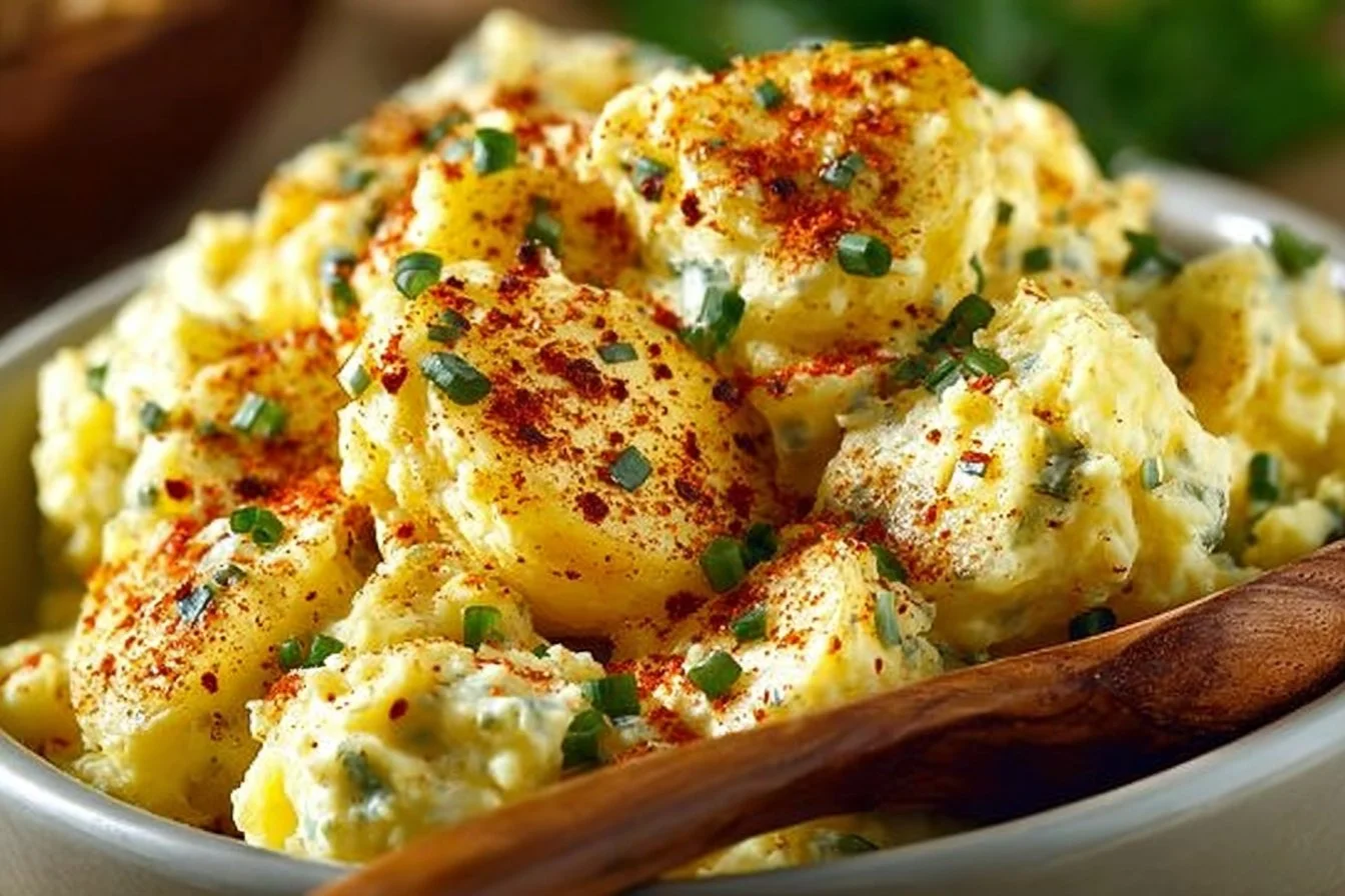 Delicious deviled egg potato salad served in a bowl, garnished with herbs.
