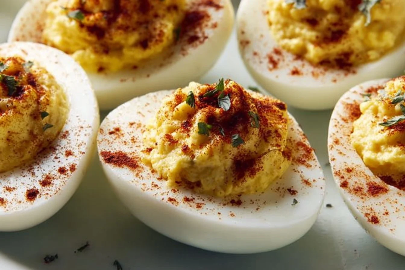 Platter of colorful deviled eggs garnished with herbs and spices.