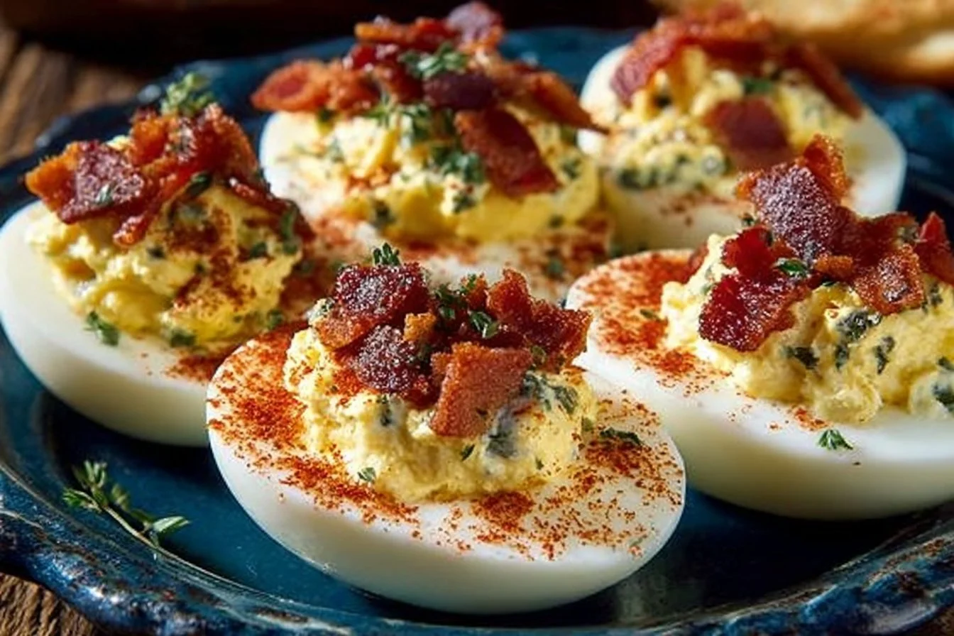 Delicious deviled eggs garnished with paprika on a platter