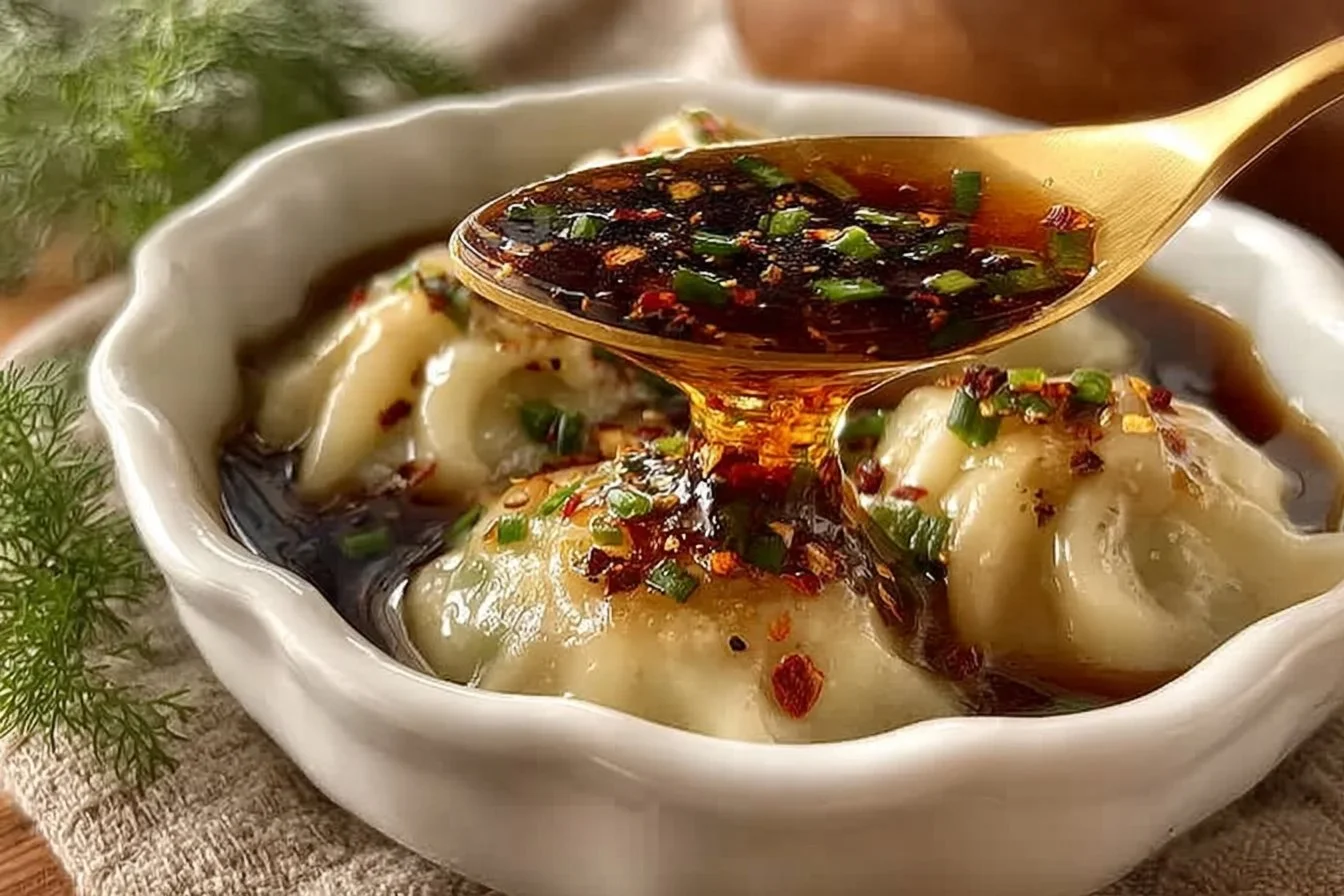 Dumpling Lasagna served in a dish with layers of dumplings, cheese, and sauce.