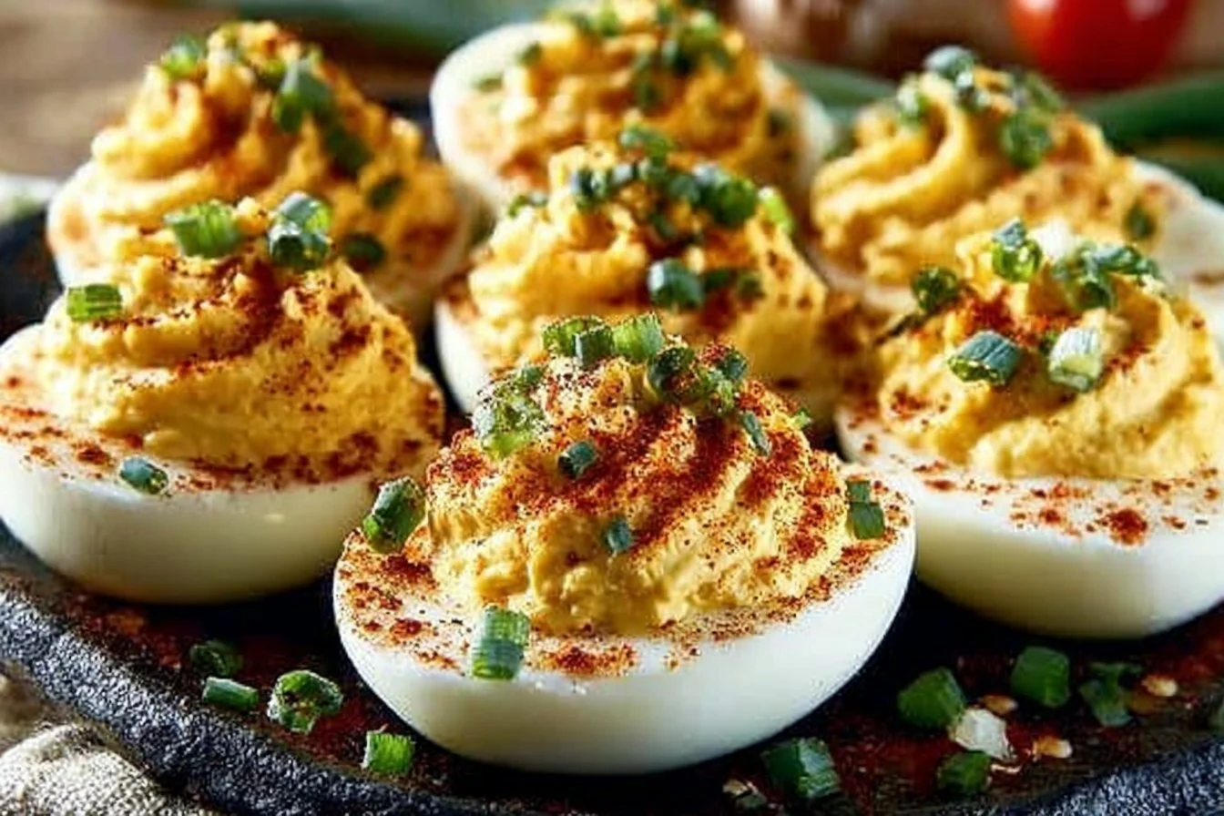 Colorful Easter deviled eggs on a festive platter