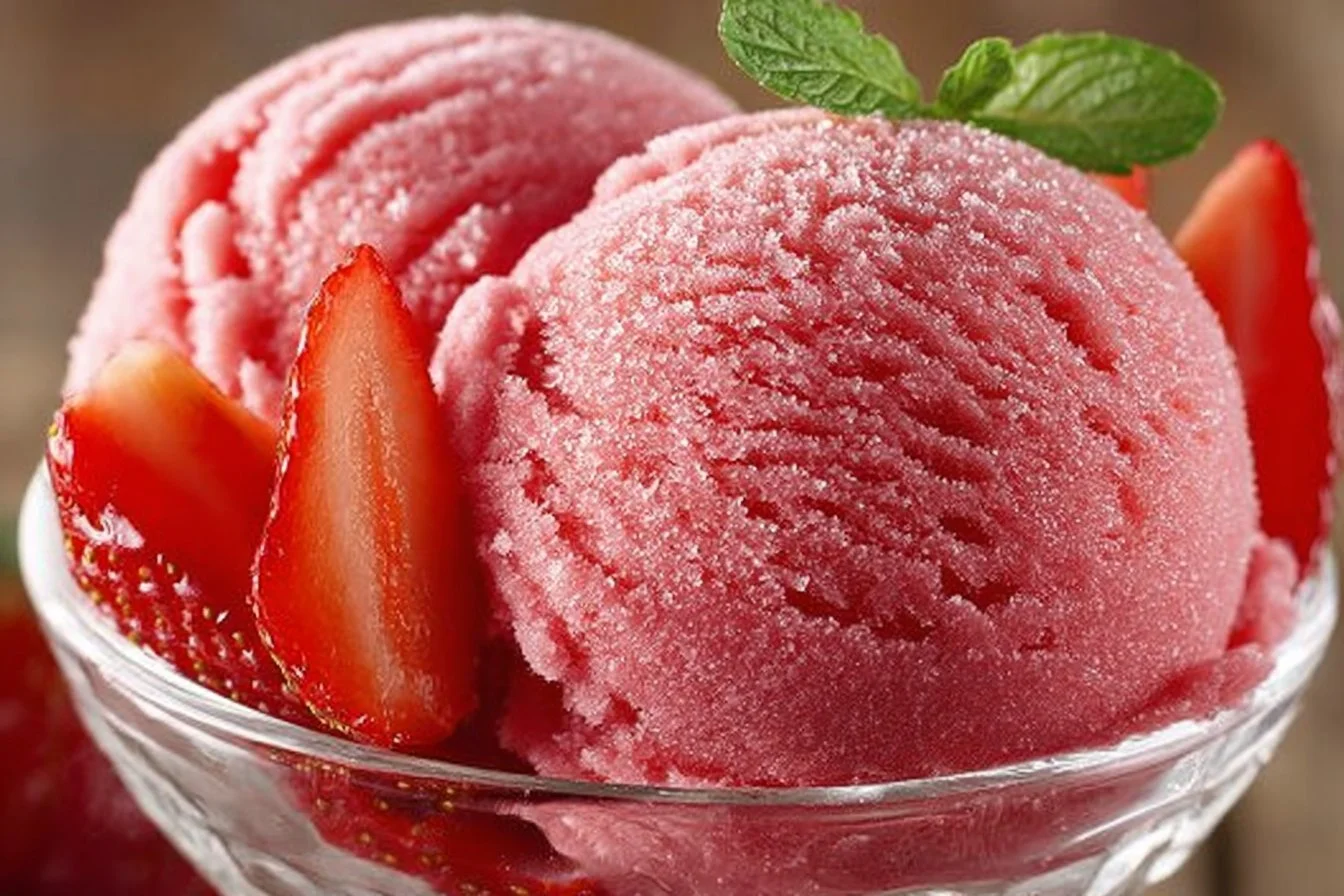 Bowl of easy 3-ingredient strawberry sorbet topped with fresh strawberries.