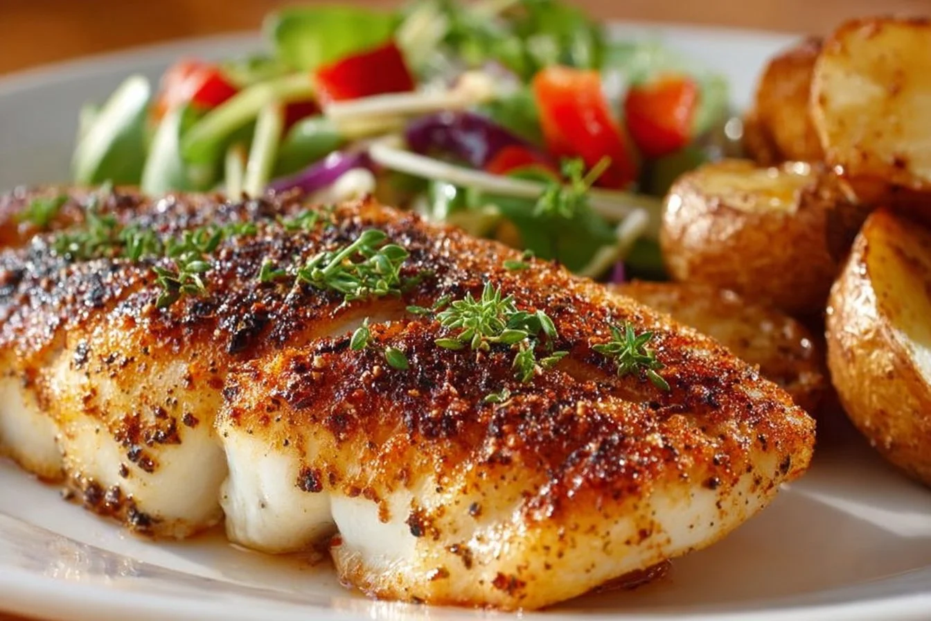 Plate of easy baked tilapia with fresh herbs and lemon slices.