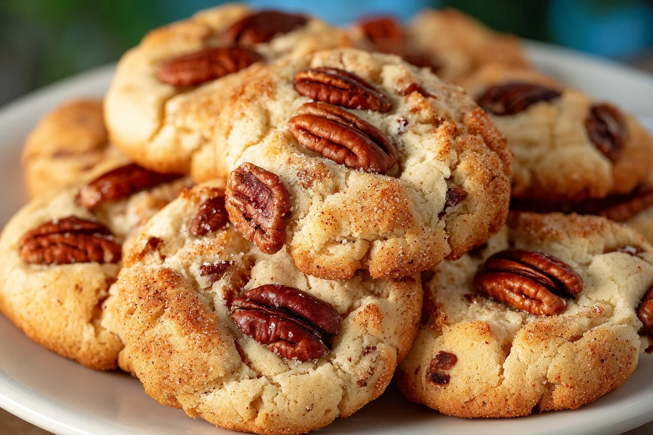 Plate of easy butter pecan cookies with a golden brown color and pecan pieces
