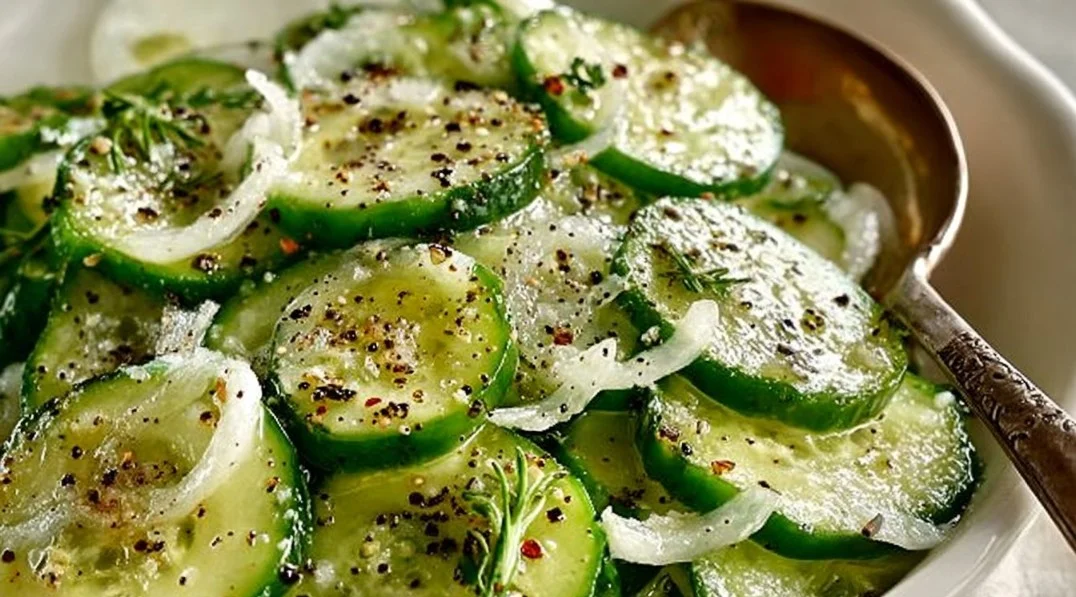 Bowl of easy cucumber vinegar salad with sweet onion