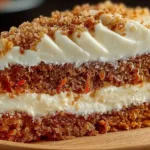 Flourless oatmeal carrot cake slice on a wooden table with carrots and oats.