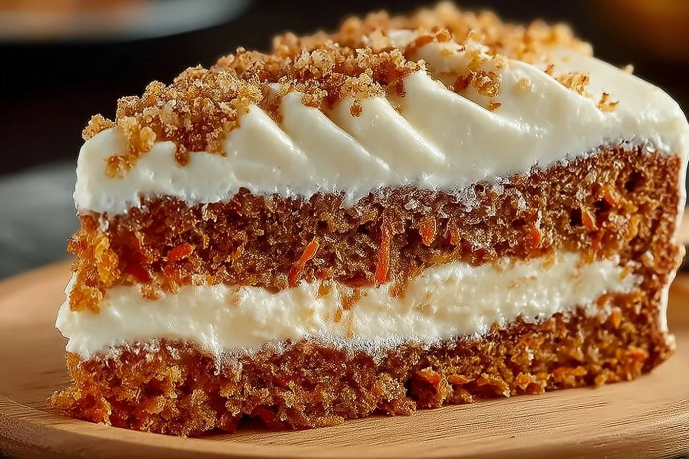 Flourless oatmeal carrot cake slice on a wooden table with carrots and oats.