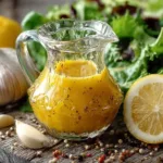 Bowl of homemade easy lemon garlic dressing with fresh ingredients