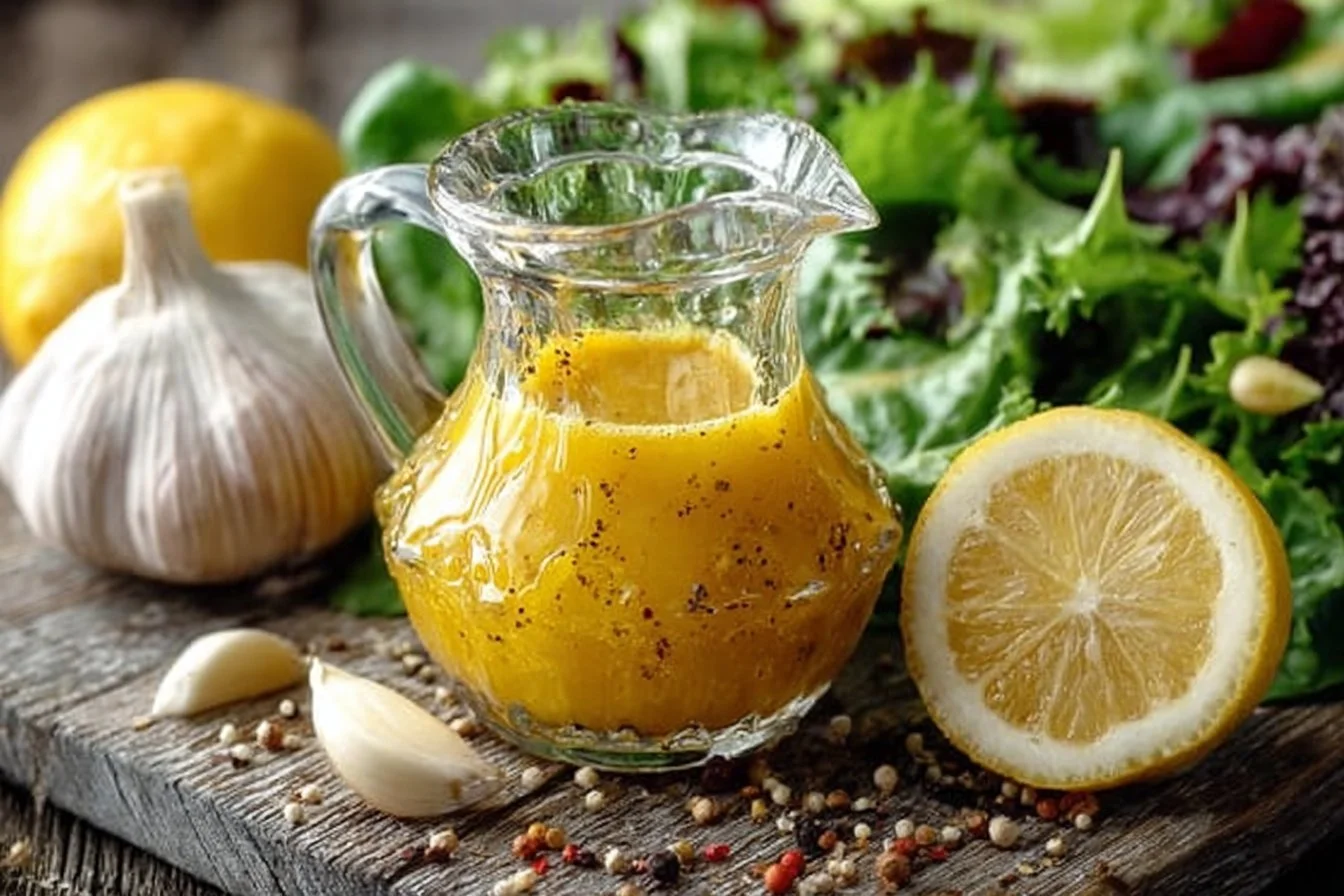 Bowl of homemade easy lemon garlic dressing with fresh ingredients