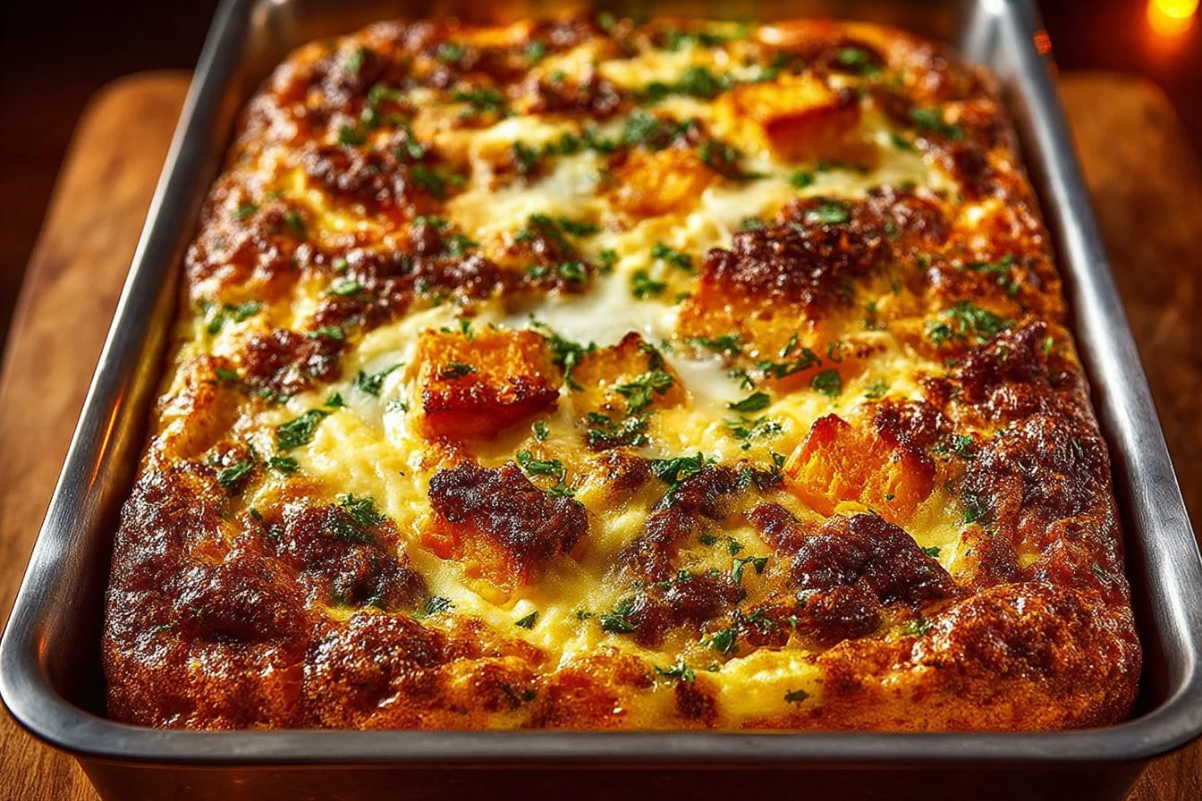 Easy sweet potato egg casserole baked dish with smooth topping