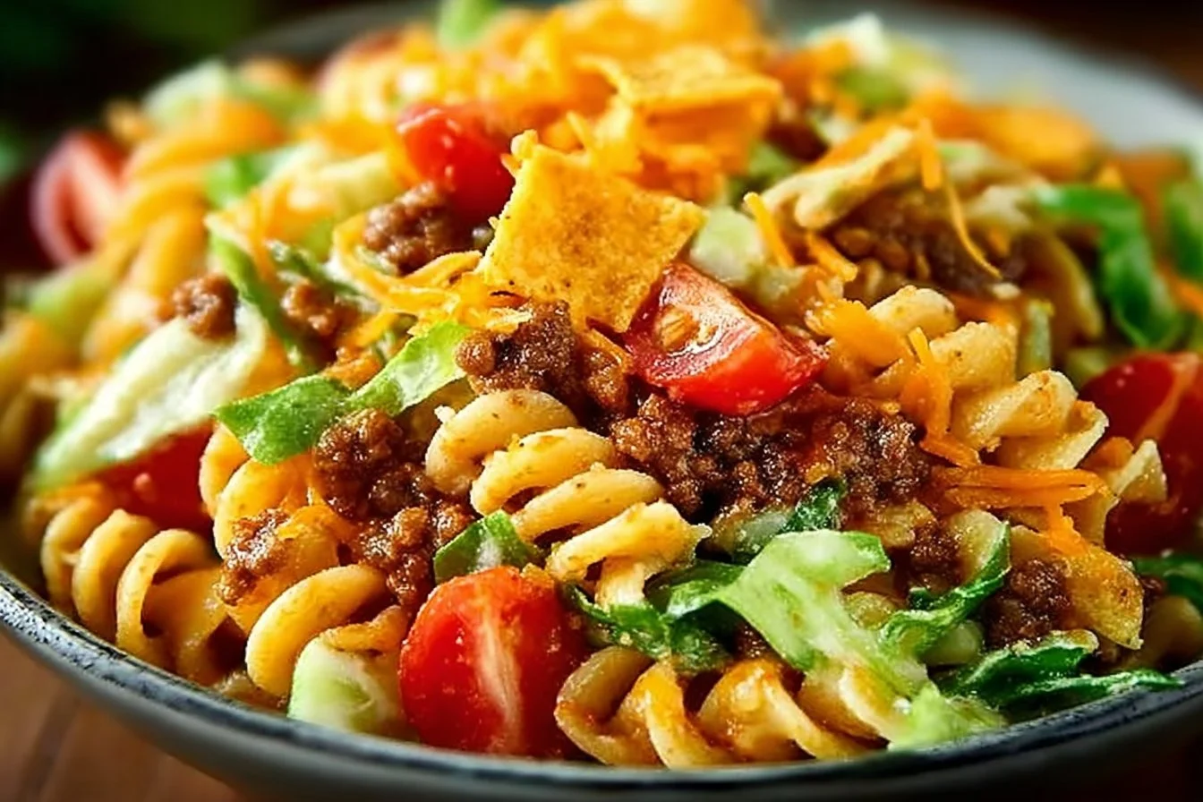 Delicious taco pasta salad topped with fresh ingredients and served in a bowl.